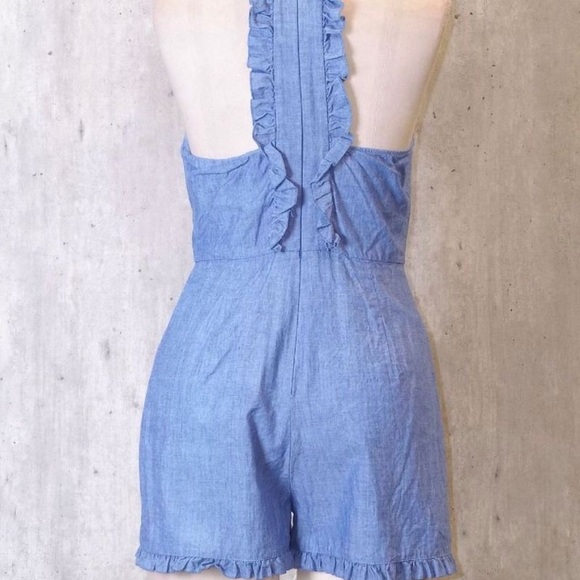 NWT ZARA Denim Ruffle Playsuit Romper Mini Crew Chambray Light Blue Cotton Linen - Picture 6 of 7